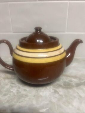 Brown Ceramic Teapot with Yellow and Cream Stripes
